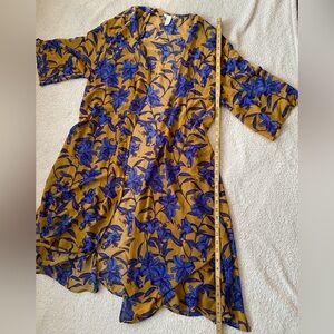 H&M Floral Kimono Cardigan Burnt Yellow Mustard and Royal Blue Flowy Light